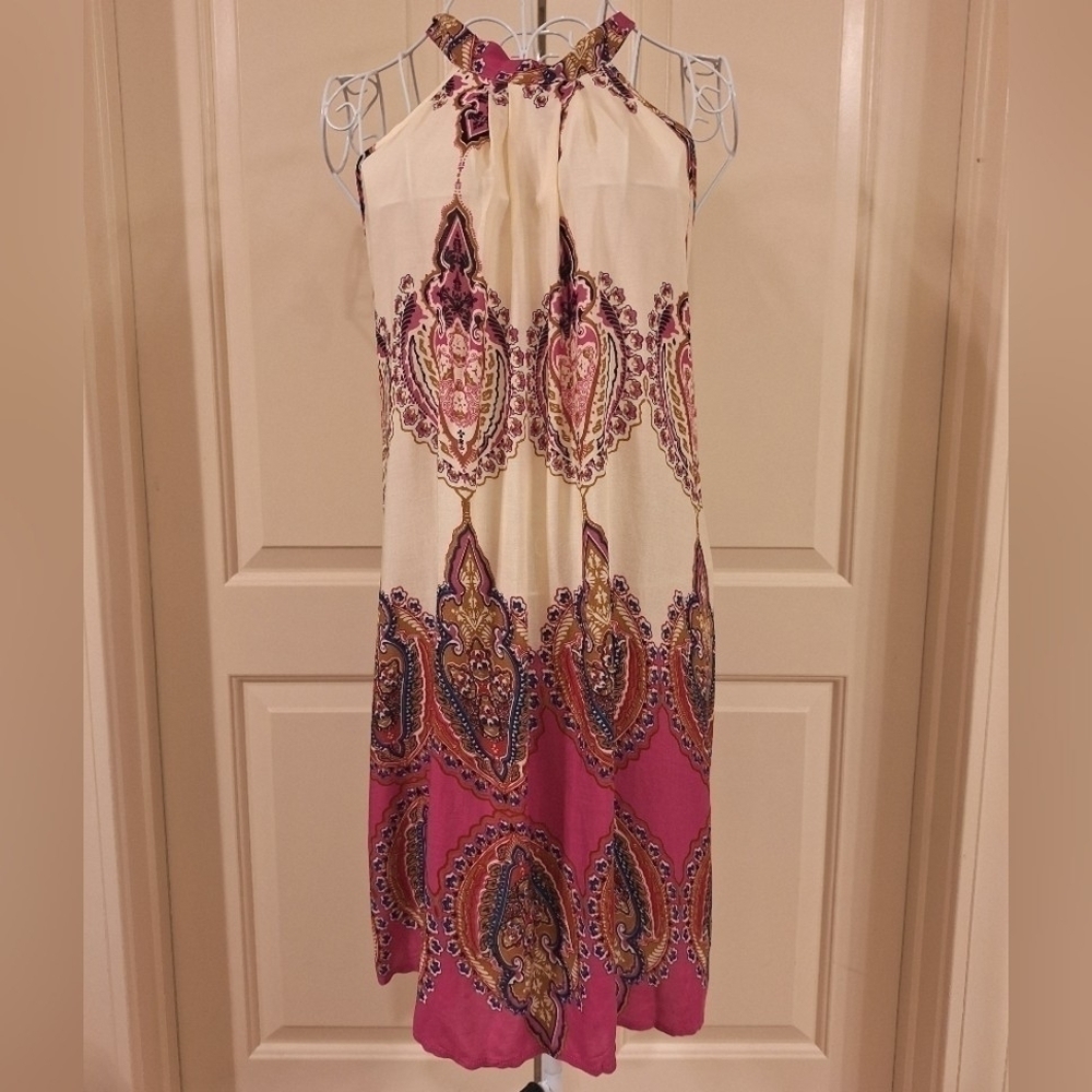 Paisley Print A-Line Swing Halter Dress MultiColor Pink Ivory Blue - Picture 2 of 6
